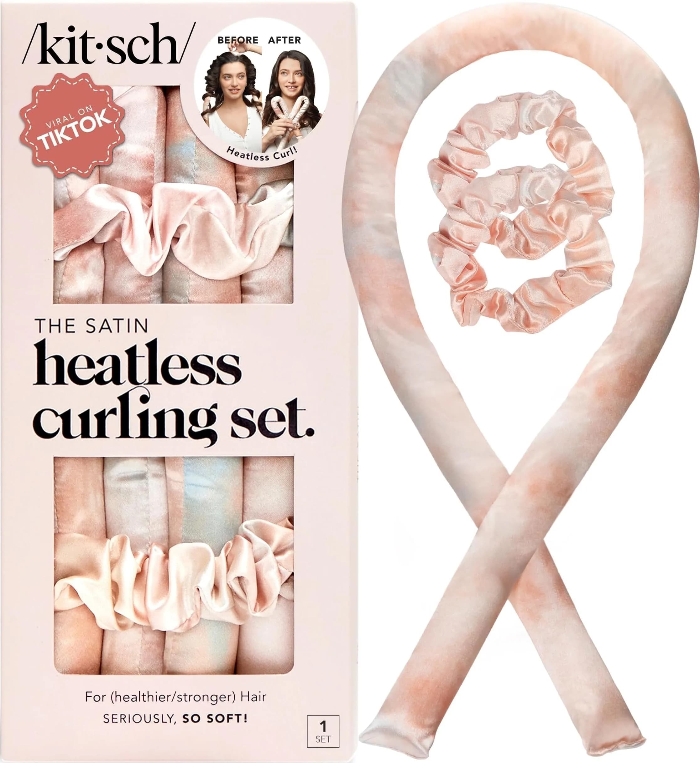 Kitsch Satin Heatless Curls Overnight Set - Sunset Tie Dye | 34" Rod & 2 Satin Scrunchies - main product image