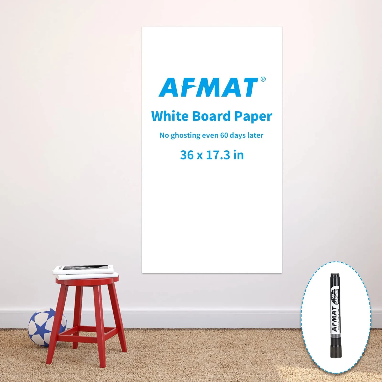 AFMAT Dry Erase Whiteboard Paper 6x4ft | No Ghosting, Thick PET Surface, Easy Peel & Stick Wall Decal — 17"W x 36"H