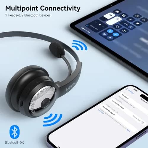 LEVN Bluetooth Headset with Microphone & Mute Button, 60Hrs Talk Time, On-Ear AI Noise Cancelling Headphones | Bluetooth 5.2 Multipoint thumbnail 4