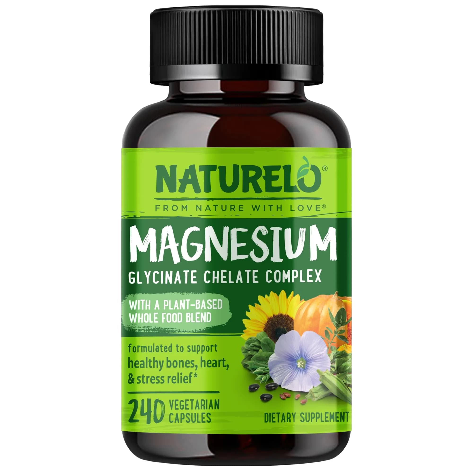 NATURELO Magnesium Glycinate Chelate Complex 200 mg 120 Count | Supports Sleep, Calm, Muscle Cramp & Stress Relief, Gluten Free, Non GMO, with Organic Vegetables — Capsule
