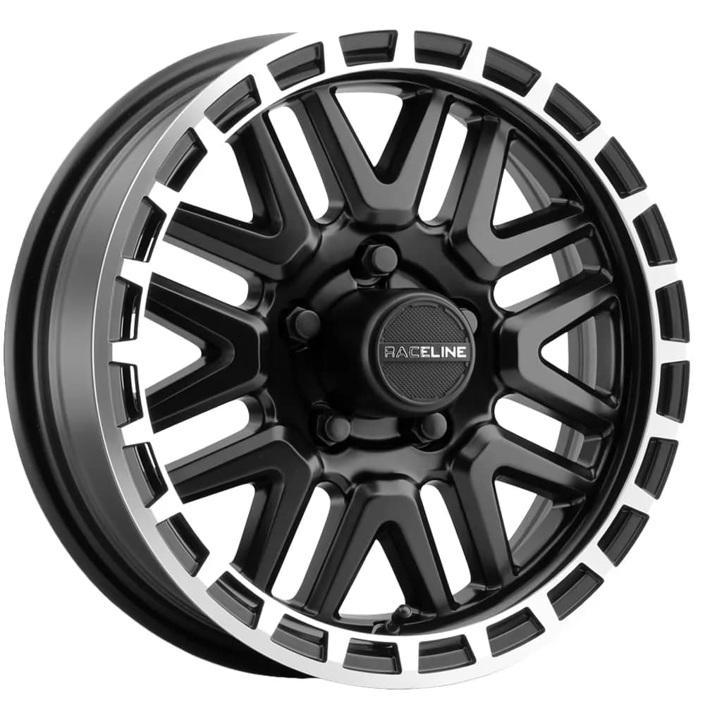 Raceline Aluminum Trailer Wheel 16X6 Black Finish | 6 Bolt, 8 Spoke, Utility, Boat Trailer — Black w/ Machined Ring / 14X6 Inches, 5X114.3, 0/3.5"