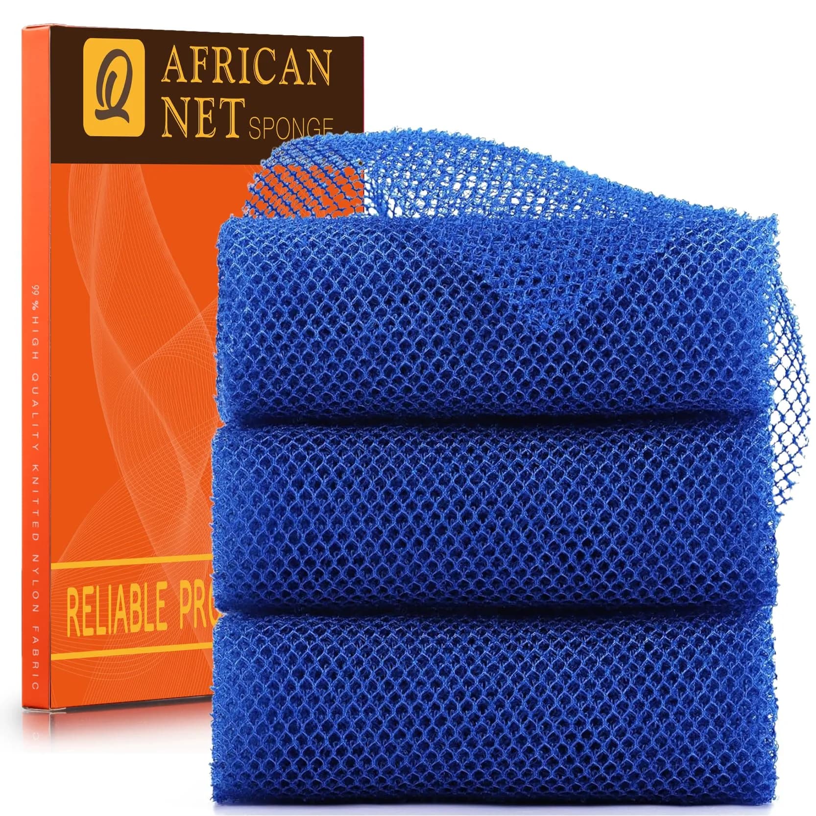 UJFQBH African Net Bath Sponge 80cm (31.5in) | Exfoliating Body Scrubber for Daily Use (Blue, 3-Pack)