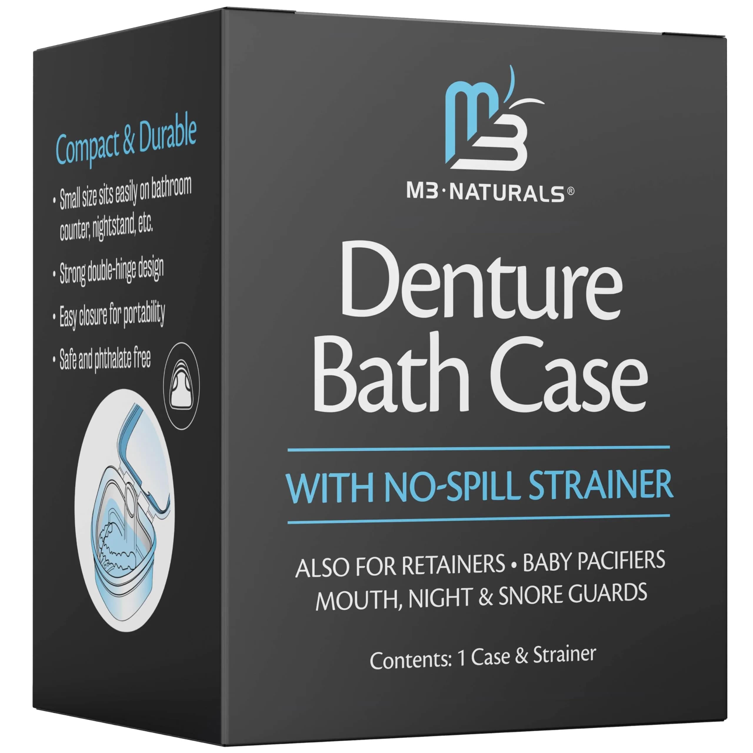 M3 Naturals Denture Bath Case with No-Spill Strainer for Retainers, Mouthguards, Night Guards, 1 Count Blue | Phthalate-Free