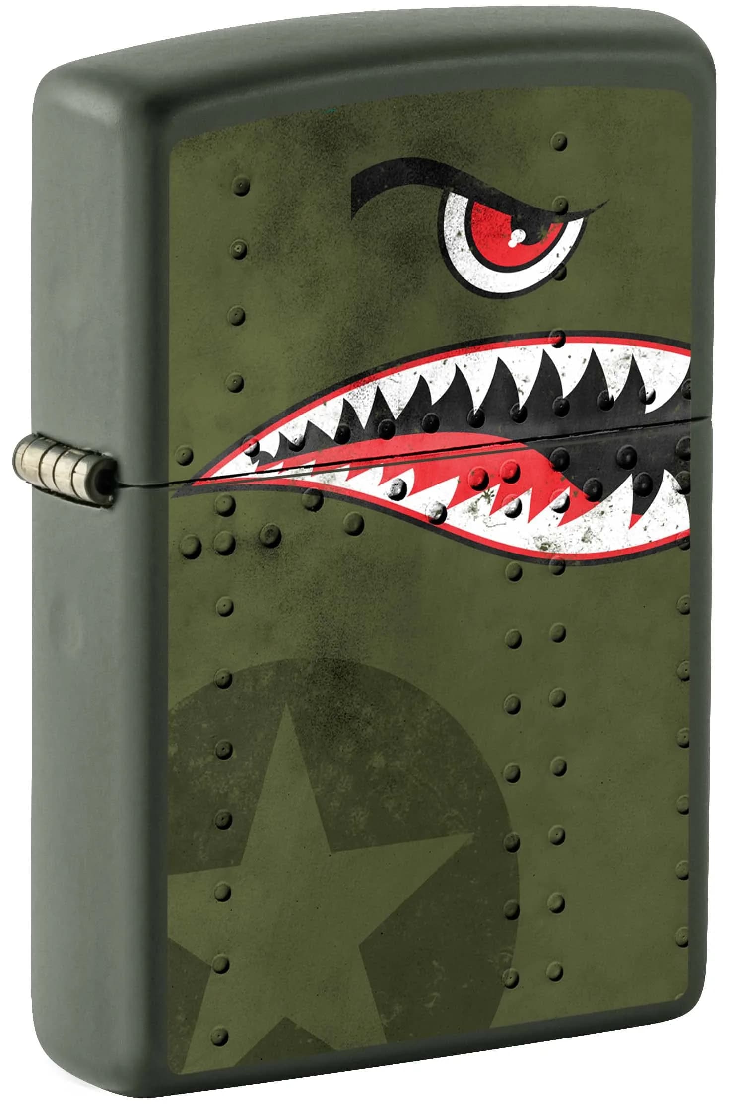Zippo Fighter Plane Nose Art Shark Teeth Green Matte Lighter 3.65 cm (1.44 in) x 5.71 cm (2.25 in) x 1.27 cm (0.5 in) | Windproof Metal Construction - main product image
