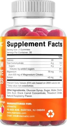 Vitamatic Magnesium Citrate Gummies 600mg | Vegan Raspberry Gummies for Relaxation & Energy Support thumbnail 8