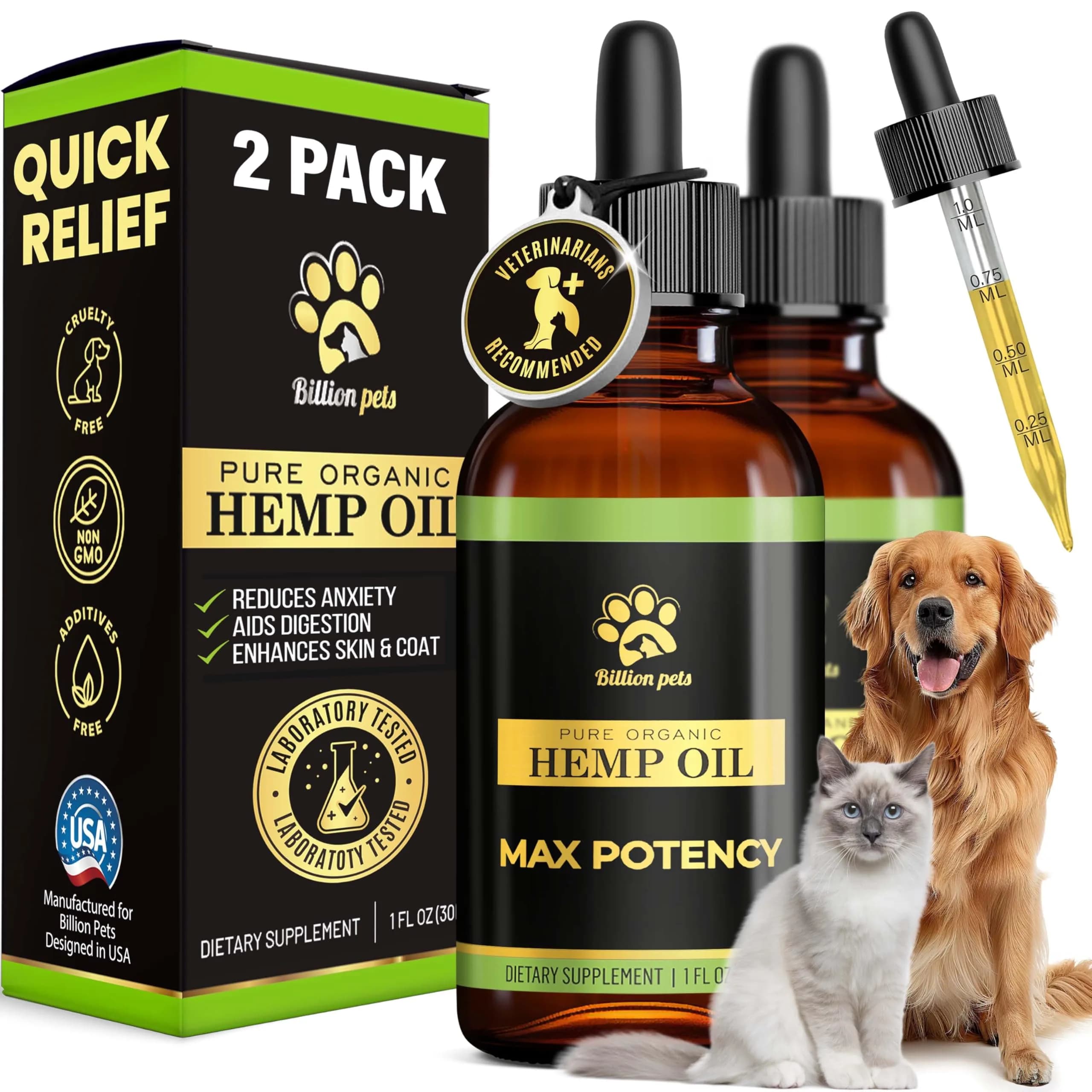 Billion Pets Hemp Oil for Dogs & Cats 2 Fl Oz | Calming, Pain & Arthritis Support - main product image