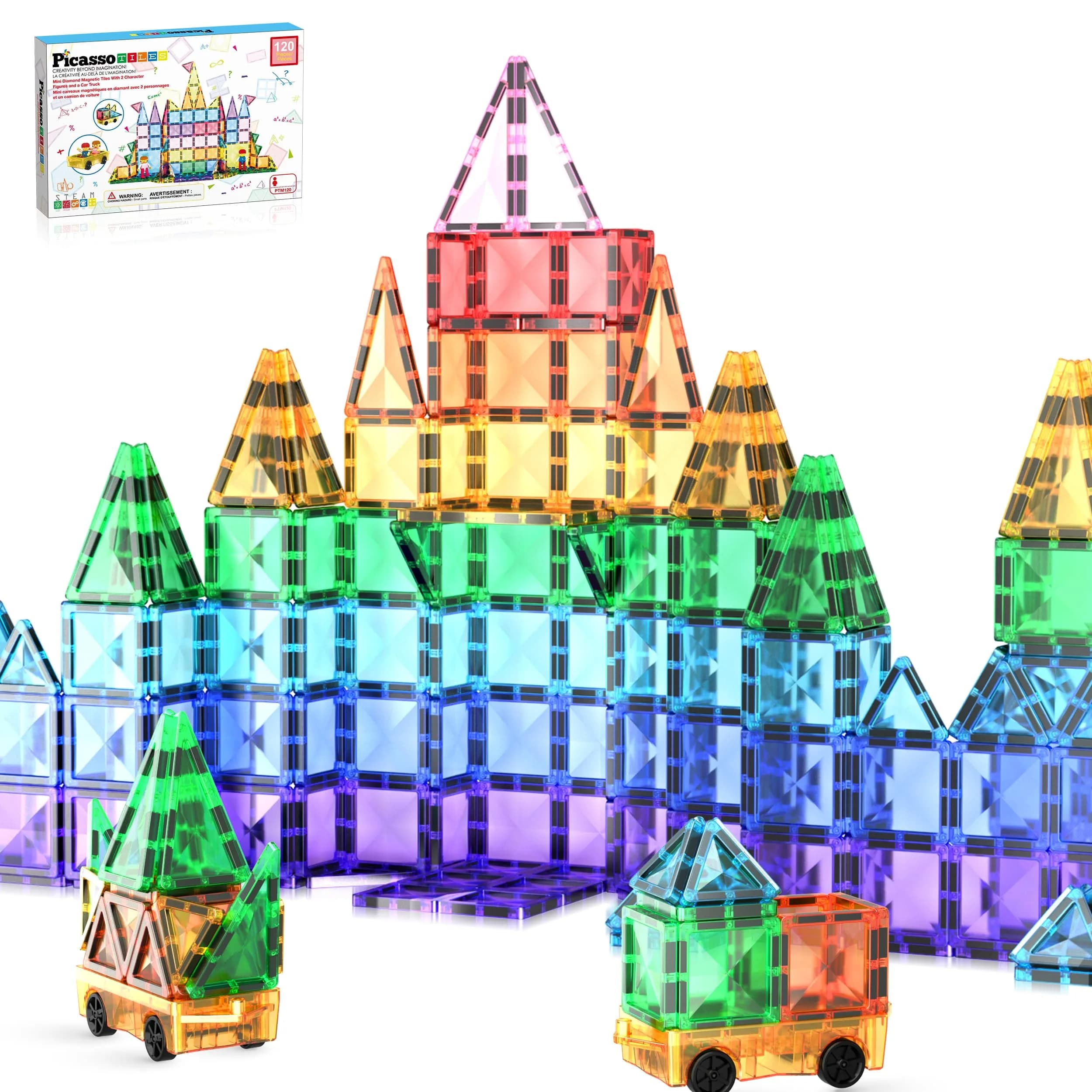 PicassoTiles 120pcs Magnetic Tiles Diamond Series | Mini Travel-Size Educational Toy for Kids 3+ - main product image