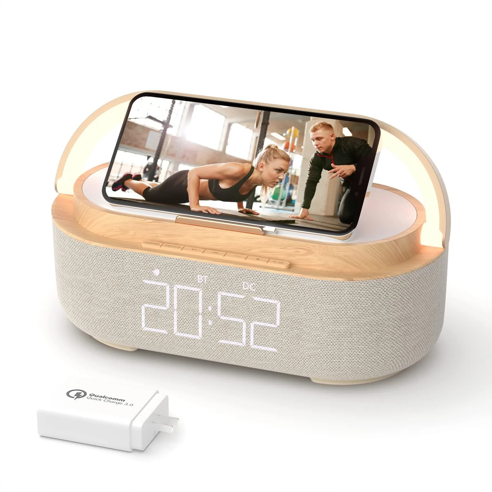 COLSUR 6-in-1 Bluetooth Speaker Alarm Clock & Wireless Charger, Gray | Bedside, Home, Office — Beige