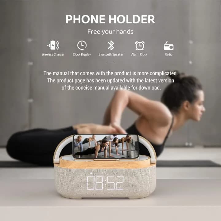 COLSUR Bluetooth Speaker Alarm Clock & Wireless Charger, Beige | 15W Fast Charging, FM Radio, 2500mAh Battery Backup thumbnail 7