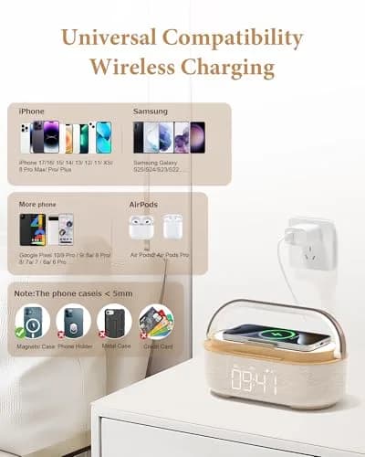 COLSUR Bluetooth Speaker Alarm Clock & Wireless Charger, Beige | 15W Fast Charging, FM Radio, 2500mAh Battery Backup thumbnail 8