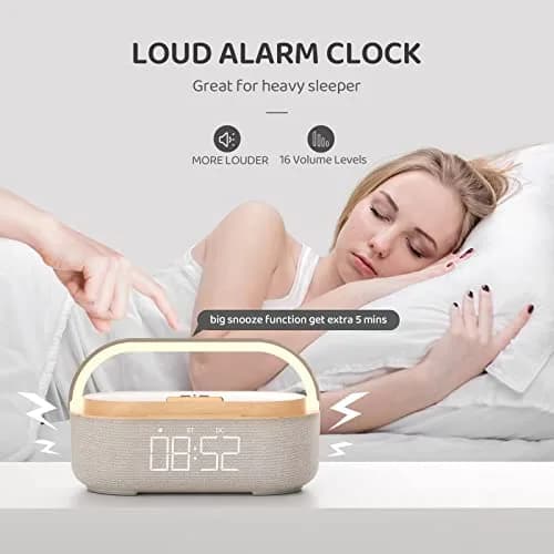 COLSUR Bluetooth Speaker Alarm Clock & Wireless Charger, Beige | 15W Fast Charging, FM Radio, 2500mAh Battery Backup thumbnail 2