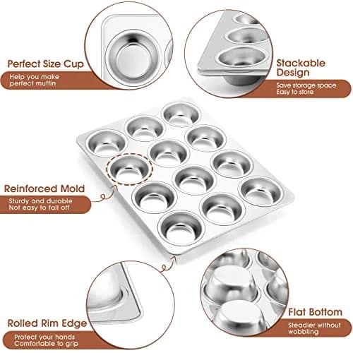P&P CHEF 12-Cup Stainless Steel Muffin Pan Tin, 2-Pack | Heavy Duty & Oven Safe Bakeware thumbnail 3