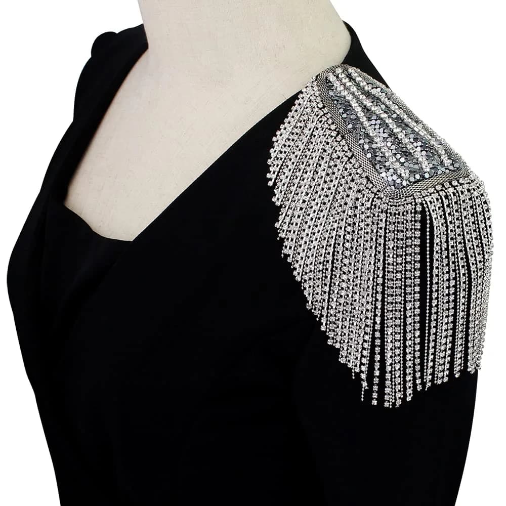 SXMFFHCG Beaded Crystal Shoulder Patches 2 Pieces | Fringe Tassel Epaulets for Clothing & Decor — Silver B
