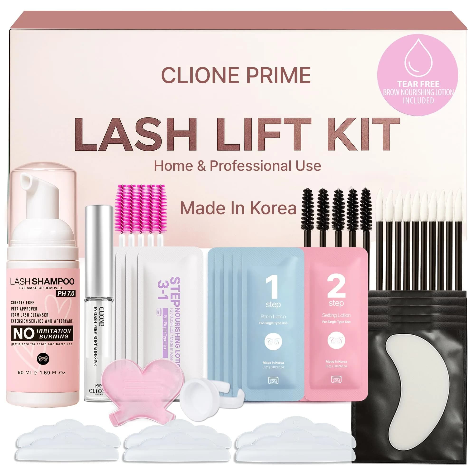 CLIONE PRIME Korean Lash Lift Kit - Natural Look, 5ml Glue & 5 Sachets Perm/Set/Nourish | Reusable Lashes for All Skin Types