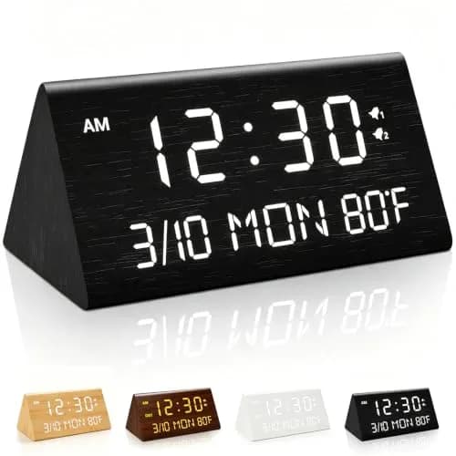 Kogonee Wooden Digital Alarm Clock with Dual USB Ports, Dimmable LED Display, Date, Day, Temp | 15.2 cm (6 Inch) Black thumbnail 1