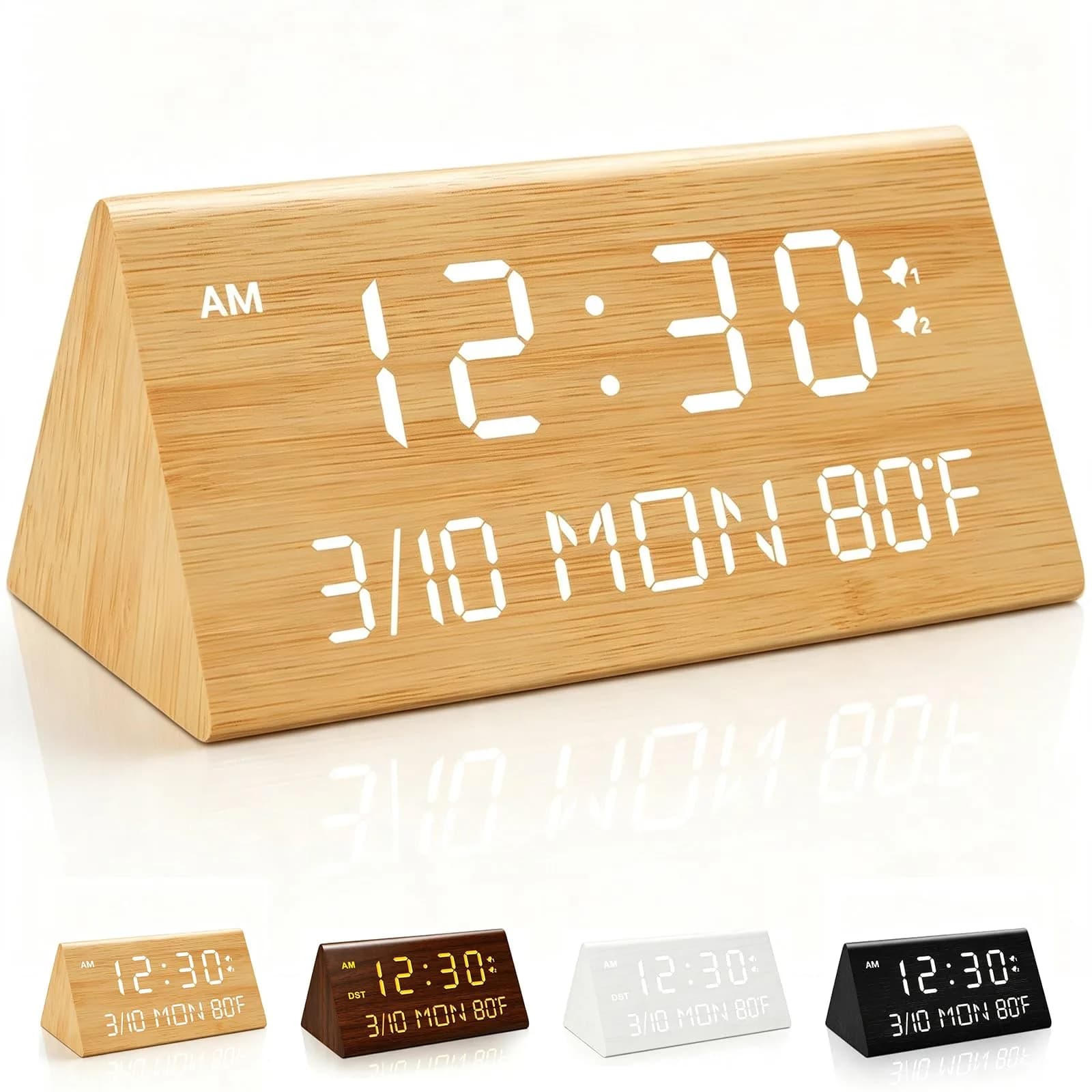 Kogonee Wooden Digital Alarm Clock with Dual USB Charging Ports, Dimmable LED Display, DST, 6" x 3" x 2.75" | Modern Home Decor