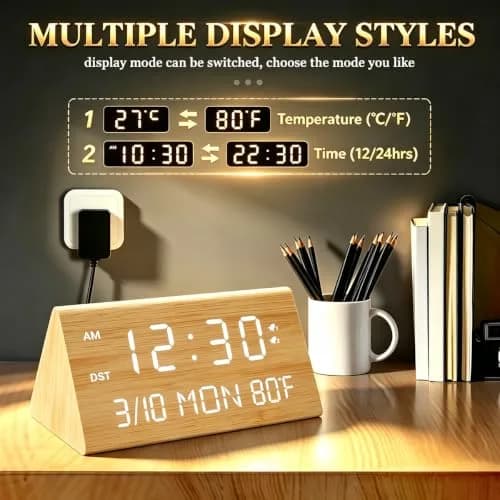 Kogonee Wooden Digital Alarm Clock with Dual USB Charging Ports, Dimmable LED Display, DST, 6" x 3" x 2.75" | Modern Home Decor thumbnail 7