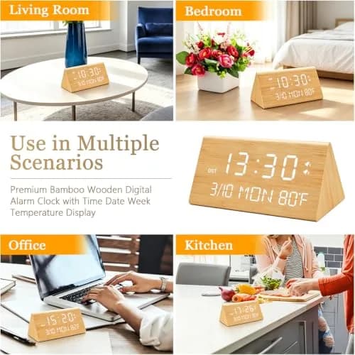 Kogonee Wooden Digital Alarm Clock with Dual USB Charging Ports, Dimmable LED Display, DST, 6" x 3" x 2.75" | Modern Home Decor thumbnail 9