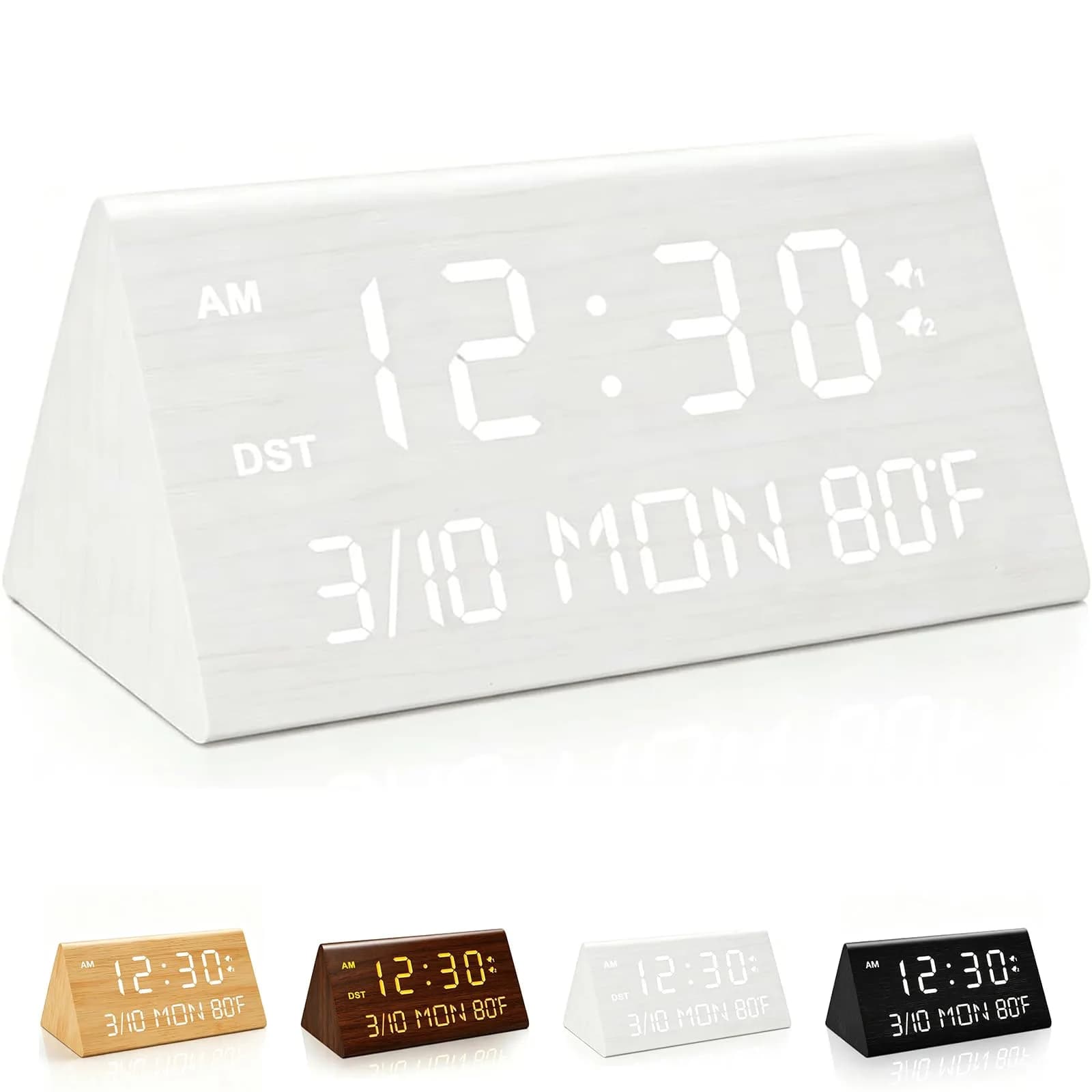Kogonee Wooden Digital Alarm Clock with Dual USB Ports, Dimmable LED Display, Date, Day, Temp | 15.2 cm (6 Inch) Black — White