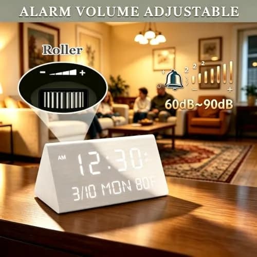 Kogonee Premium Wooden Digital Alarm Clock with Dual USB Charging Ports, Dimmable LED Display, 6-inch (15.24 cm) | Modern Decor for Bedrooms & Desks thumbnail 5