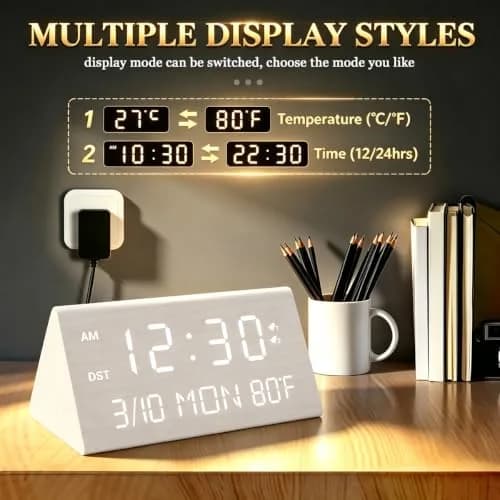Kogonee Premium Wooden Digital Alarm Clock with Dual USB Charging Ports, Dimmable LED Display, 6-inch (15.24 cm) | Modern Decor for Bedrooms & Desks thumbnail 7