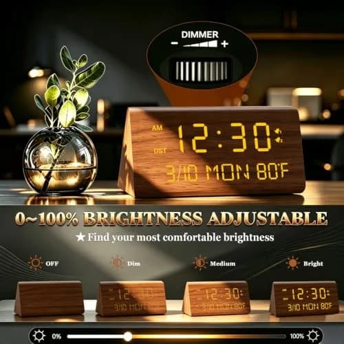 Kogonee Premium Wooden Digital Alarm Clock with Dual USB Charging Ports, Dimmable LED Display, Date, Day, Temp, DST | 8.7cm (3.4in) x 18.7cm (7.4in) thumbnail 4