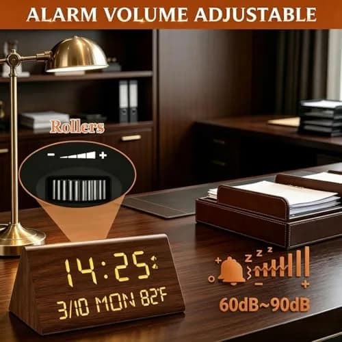 Kogonee Premium Wooden Digital Alarm Clock with Dual USB Charging Ports, Dimmable LED Display, Date, Day, Temp, DST | 8.7cm (3.4in) x 18.7cm (7.4in) thumbnail 5