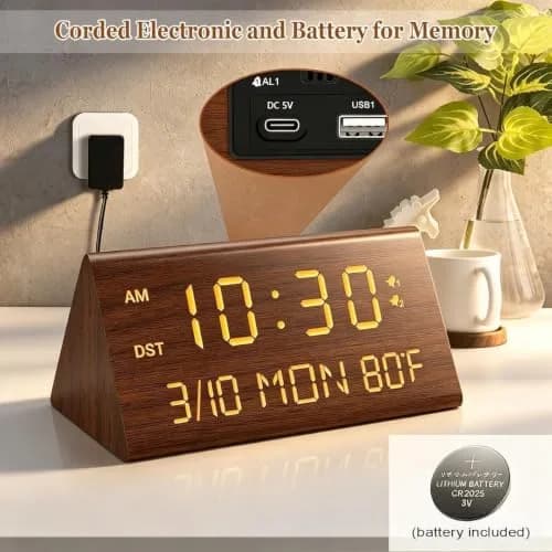 Kogonee Premium Wooden Digital Alarm Clock with Dual USB Charging Ports, Dimmable LED Display, Date, Day, Temp, DST | 8.7cm (3.4in) x 18.7cm (7.4in) thumbnail 2