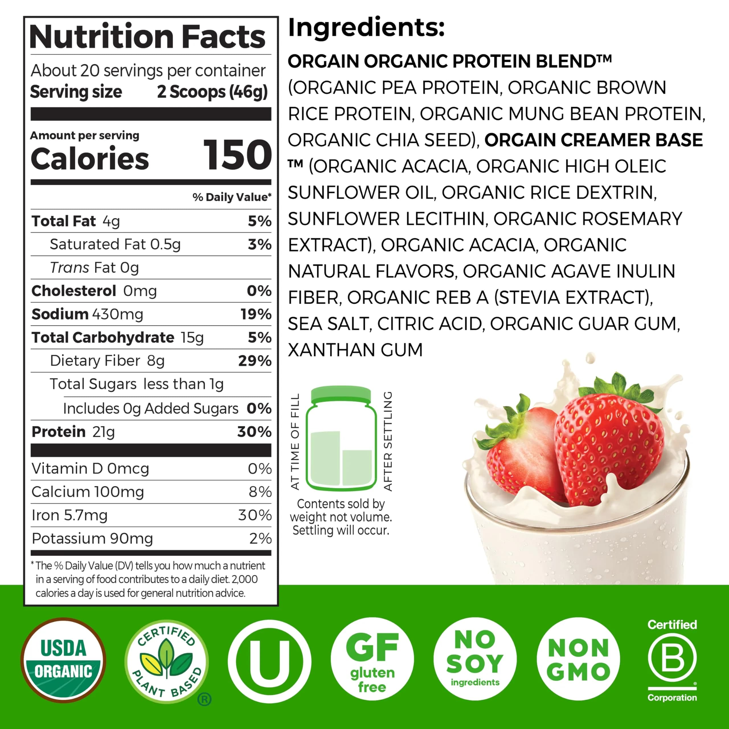 Orgain Organic Vegan Protein Powder Strawberries & Cream | 21g Plant Protein, Low Net Carb, Gluten-Free thumbnail 2