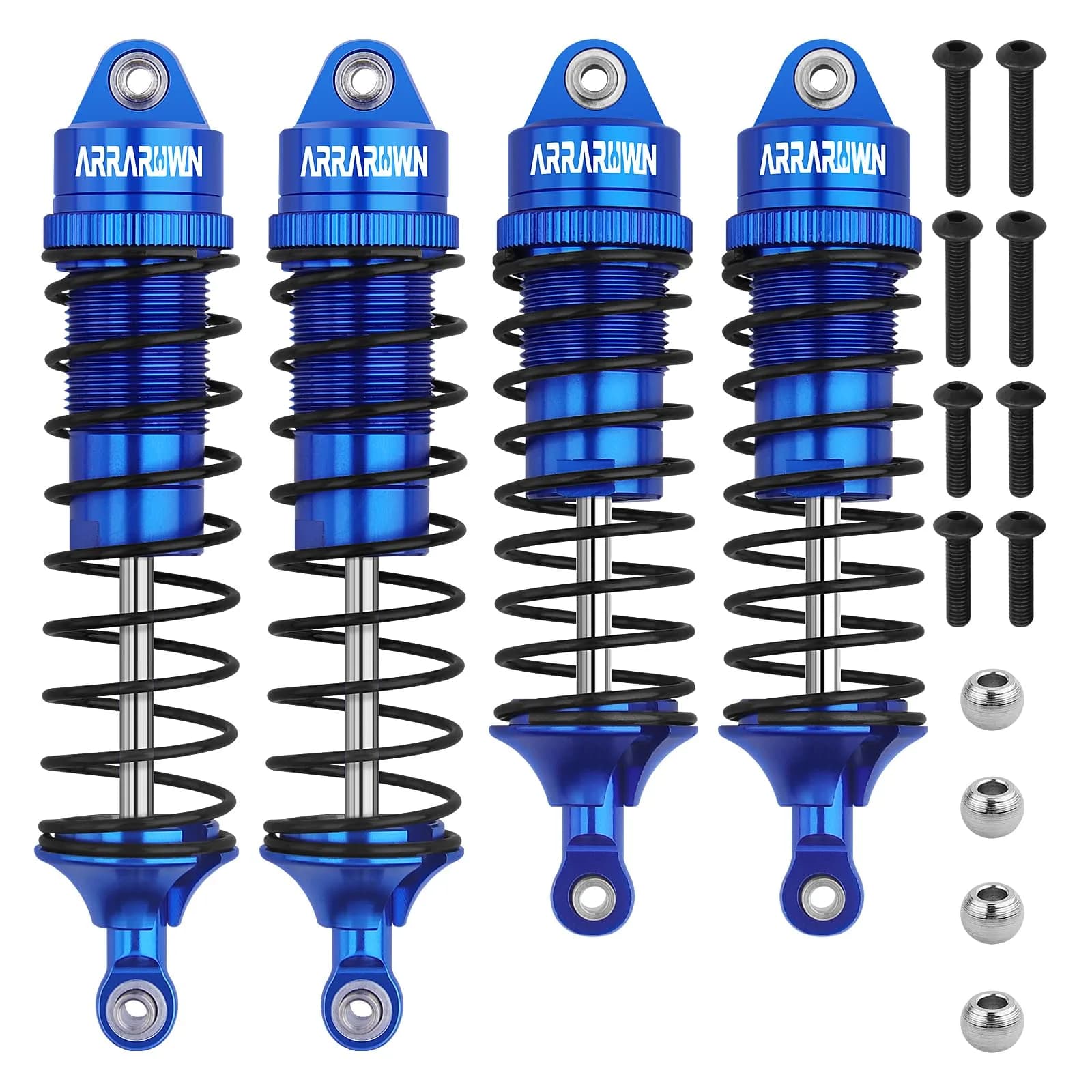 ARRAROWN 4PCS 1/10 RC Car Shocks Front & Rear Shock Absorber Set 100mm/90mm Front, 115mm/105mm Rear | CNC Machined Metal Upgrade Parts — Blue