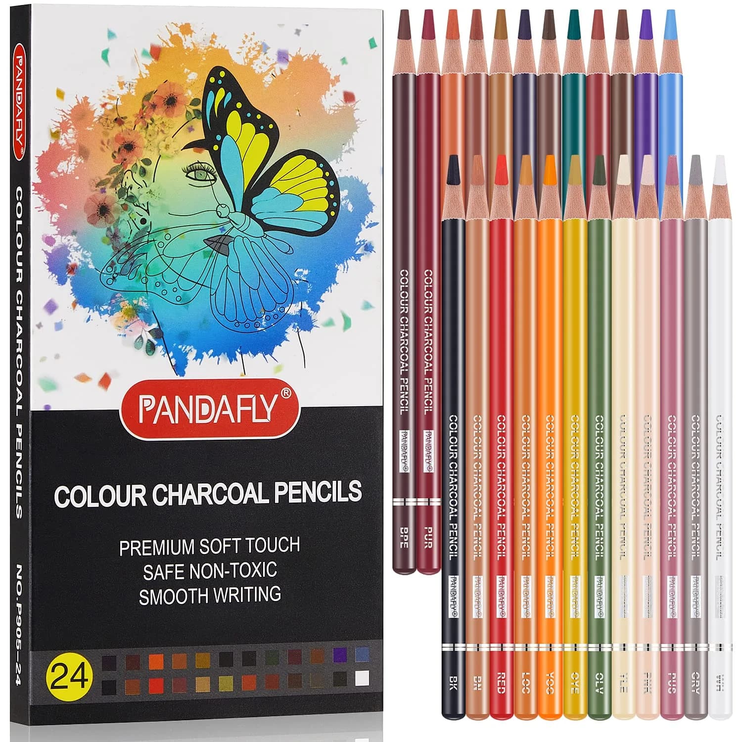 PANDAFLY Professional Colored Charcoal Pencils Drawing Set, 24 Colors | Non-Toxic, Skin Tone Shades - main product image