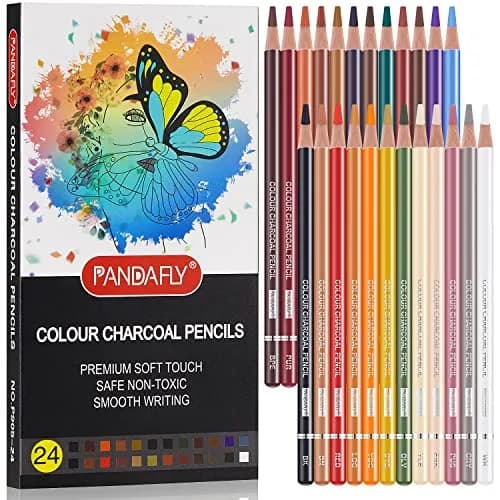 PANDAFLY Professional Colored Charcoal Pencils Drawing Set, 24 Colors | Non-Toxic, Skin Tone Shades thumbnail 1