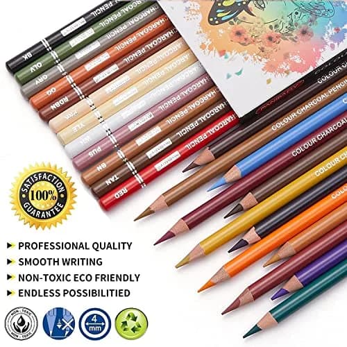 PANDAFLY Professional Colored Charcoal Pencils Drawing Set, 24 Colors | Non-Toxic, Skin Tone Shades thumbnail 2