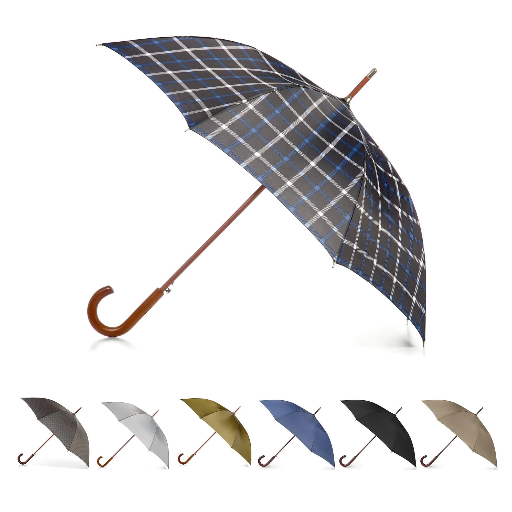 Totes Auto Open Water Repellent Stick Umbrella with Classic Wood J Hook Handle | 48" Canopy, Water-Resistant, Auto Open — 48 Inch Canopy