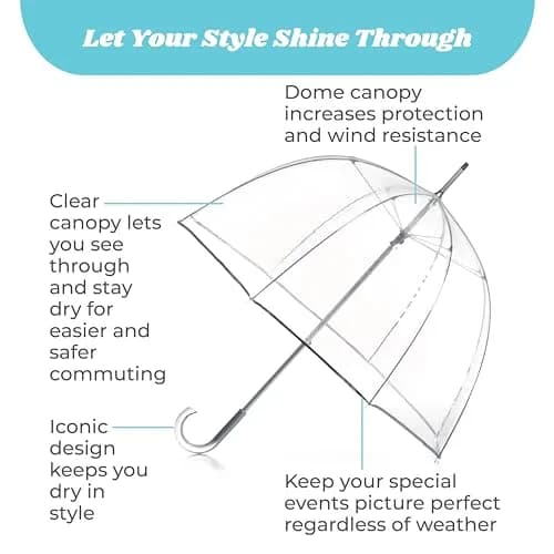 totes Clear Canopy Bubble Umbrella with J Hook Handle and Auto Open, 130 cm (51 inches) Arc | Windproof and Water-Repellent thumbnail 2