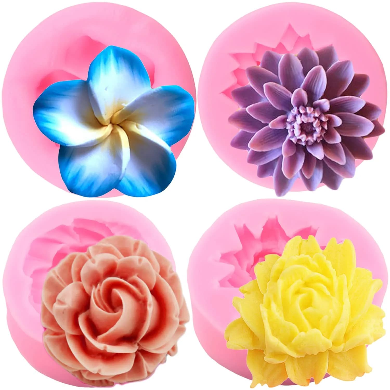 ZiXiang Flower Silicone Molds Set of 4 | Rose Chrysanthemum Fondant Molds for Cake Decorating, 1.88-2.20 inch Cavities — Style C