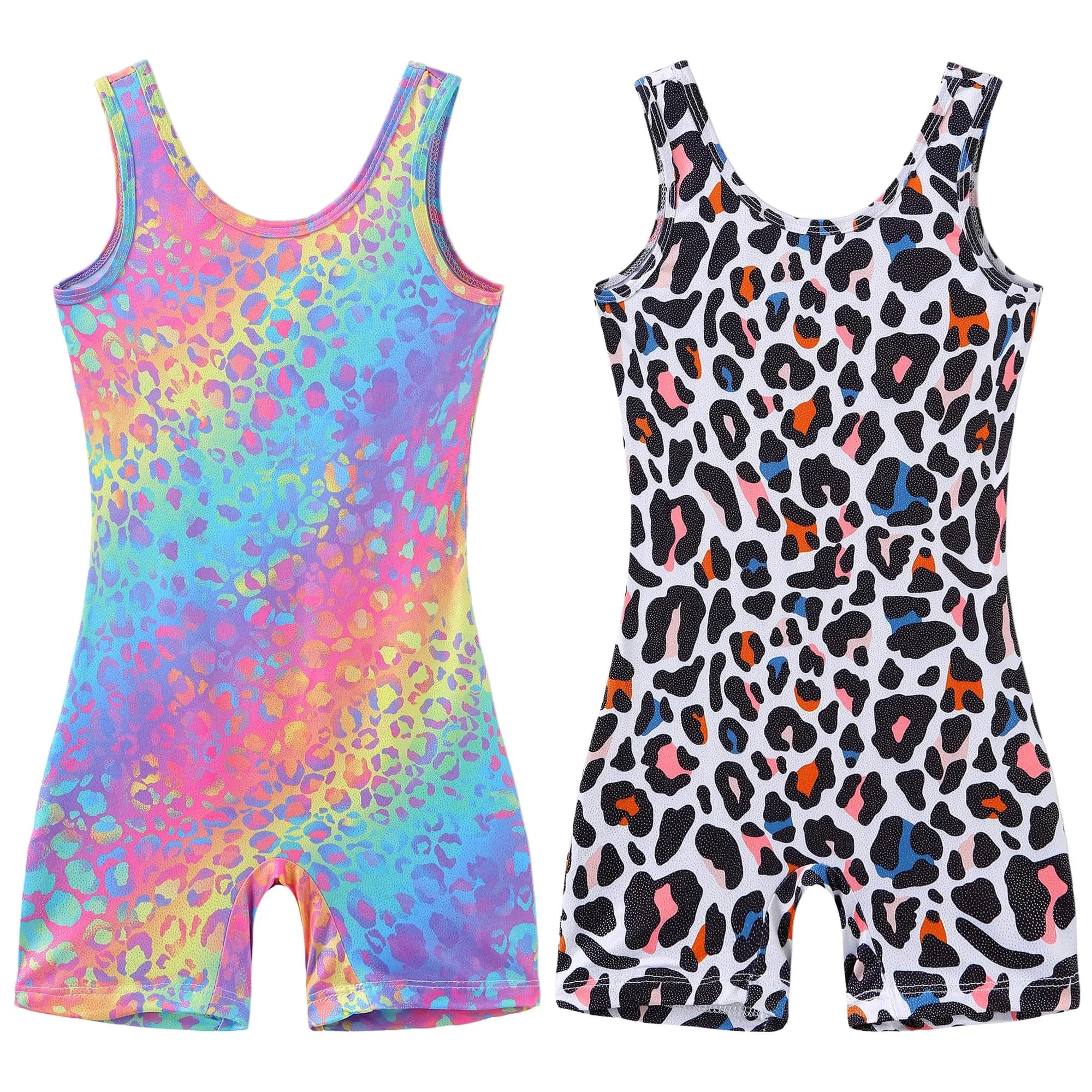 LUOUSE 2 Pack Girls Gymnastics Leotards with Shorts, Toddler & Little Kids Rainbow Leopard Print Unitards (25ml / 0.811 Fl Oz) — 25 Rainbow Leopard / 5-6 Years