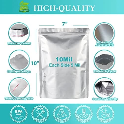SHXWELL 1 Quart (0.95L) Mylar Bags with Oxygen Absorbers & Labels, 10 Mil Thick, 7"x10" Zipper Pouches | Long-Term Food Storage thumbnail 3