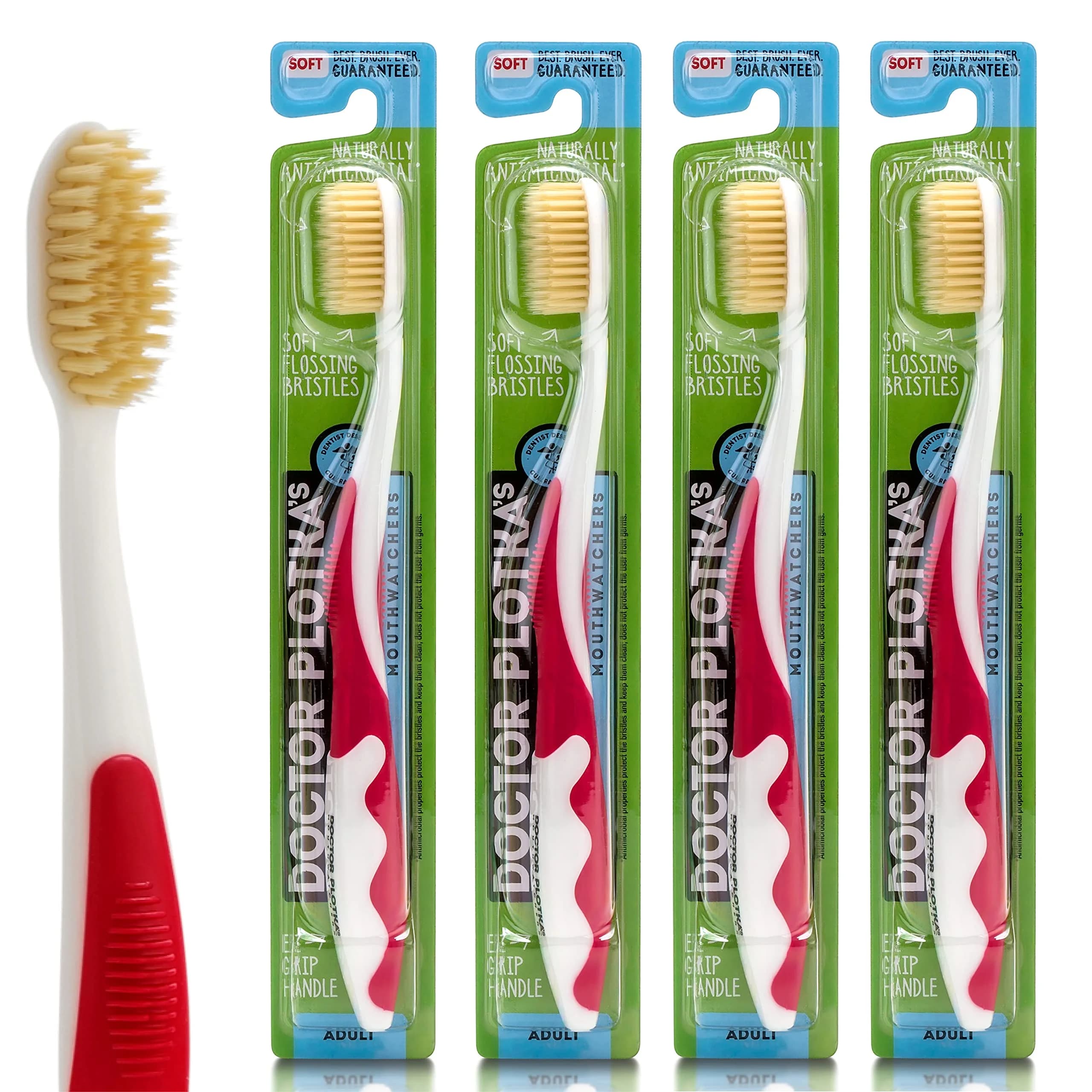 MOUTHWATCHERS Dr Plotka's Soft Bristle Flossing Toothbrush 4-Pack | Dual-Layered Bristles for Deep Clean — Red