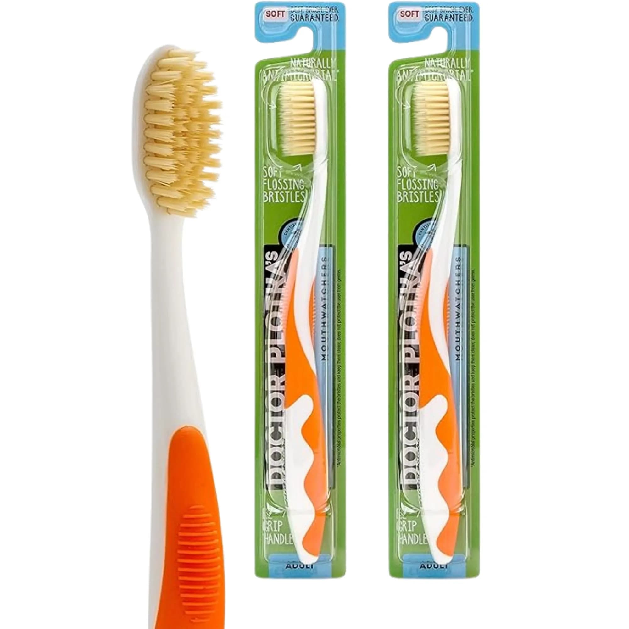 MOUTHWATCHERS Soft Flossing Manual Toothbrush, Adults, 2-Pack, Green | Dual-Layered Bristles for Deep Clean — Orange