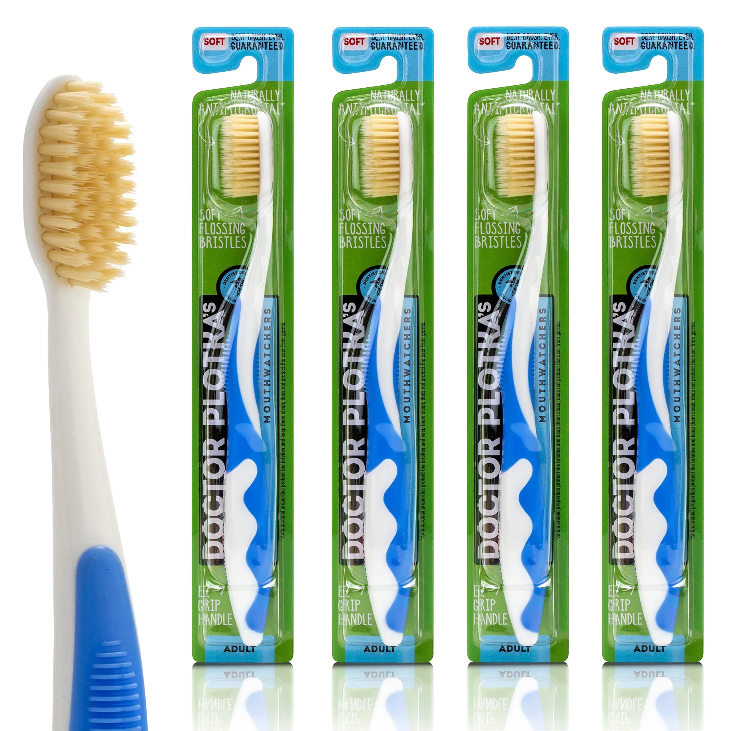 MOUTHWATCHERS Dr Plotka's Soft Bristle Flossing Toothbrush 4-Pack | Dual-Layered Bristles for Deep Clean — Blue