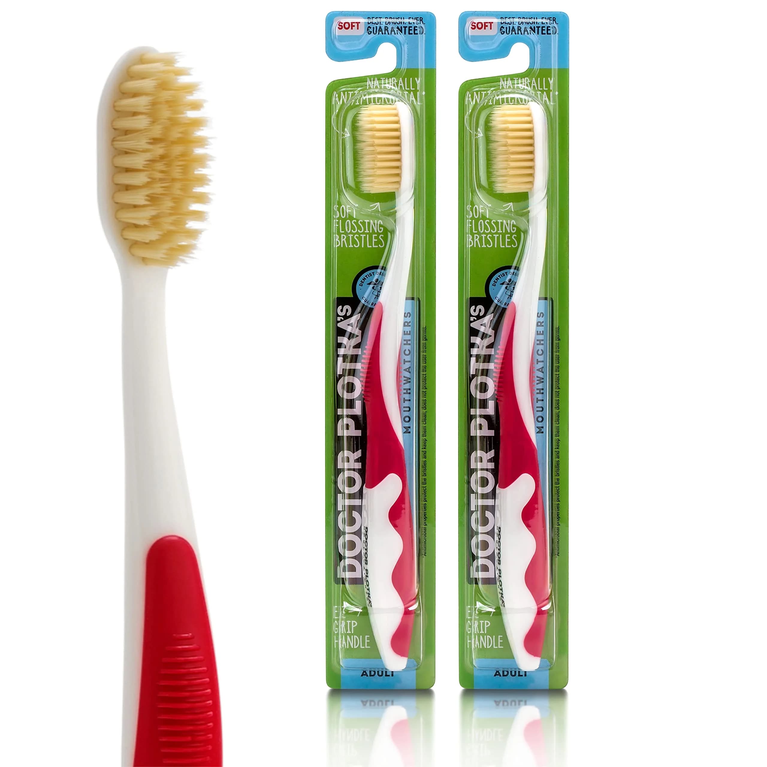 MOUTHWATCHERS Soft Flossing Manual Toothbrush, Adults, 2-Pack, Green | Dual-Layered Bristles for Deep Clean — Red