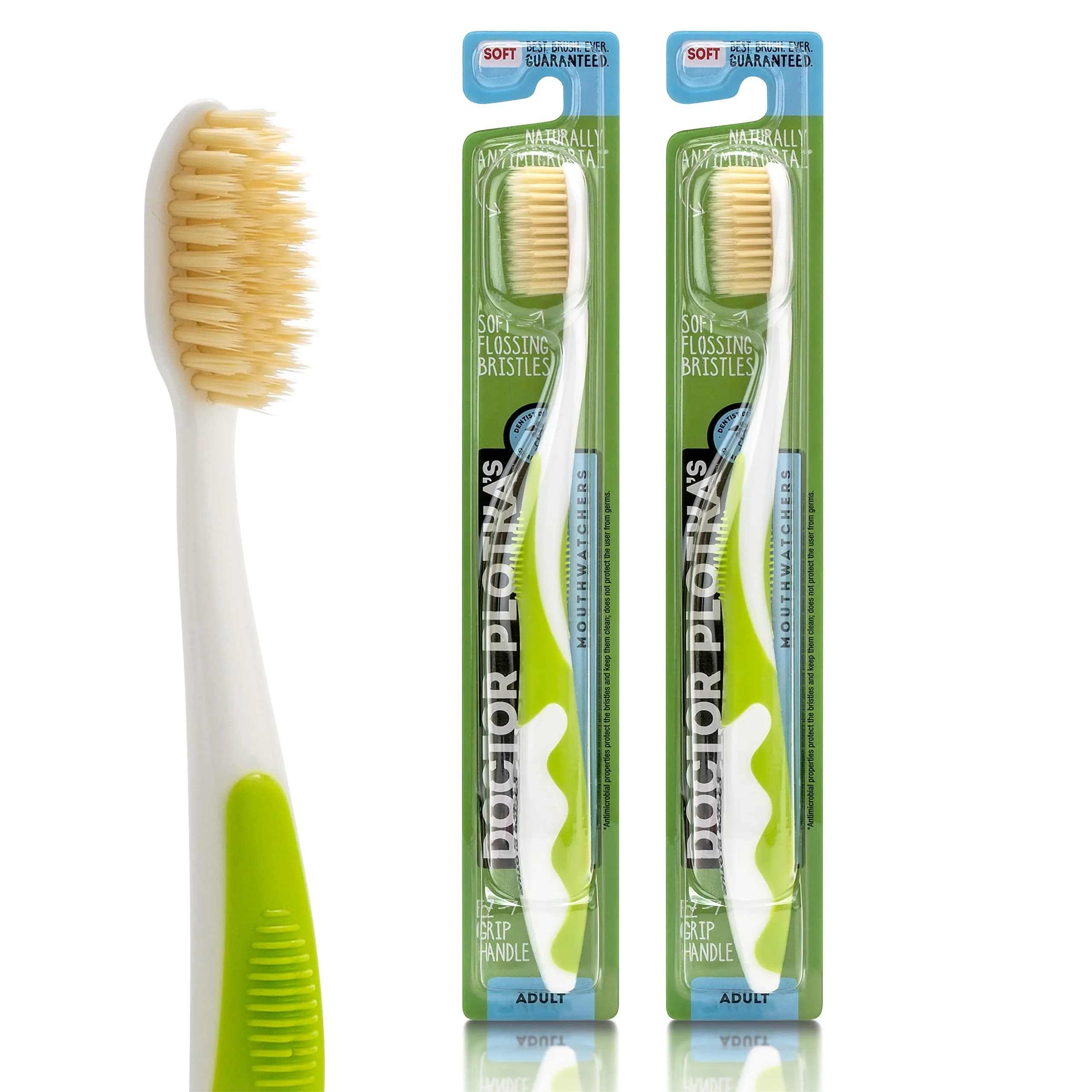 MOUTHWATCHERS Soft Flossing Manual Toothbrush, Adults, 2-Pack, Green | Dual-Layered Bristles for Deep Clean - main product image
