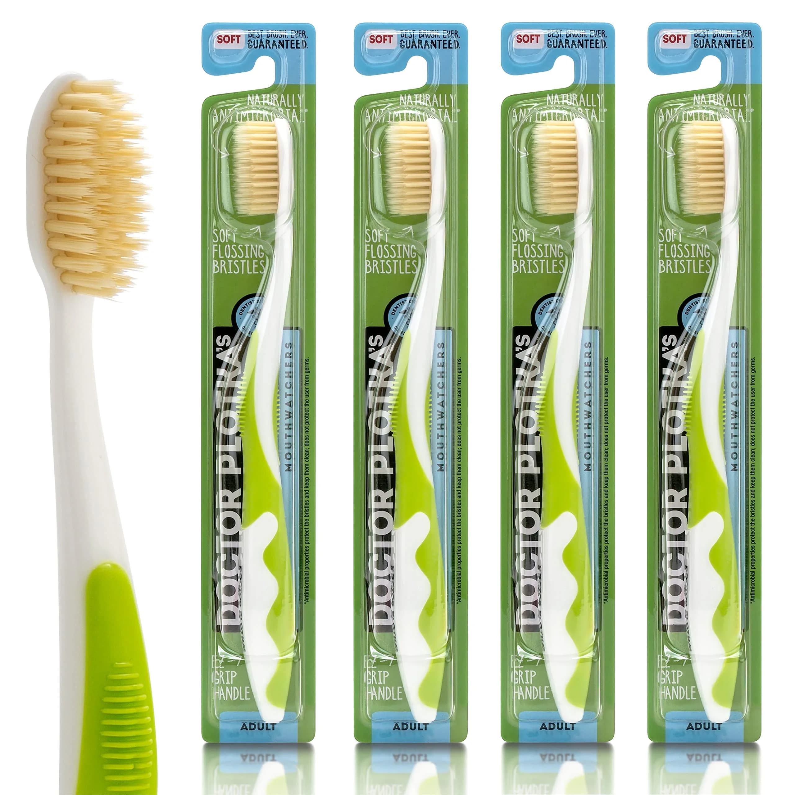 MOUTHWATCHERS Dr Plotka's Soft Bristle Flossing Toothbrush 4-Pack | Dual-Layered Bristles for Deep Clean — Green
