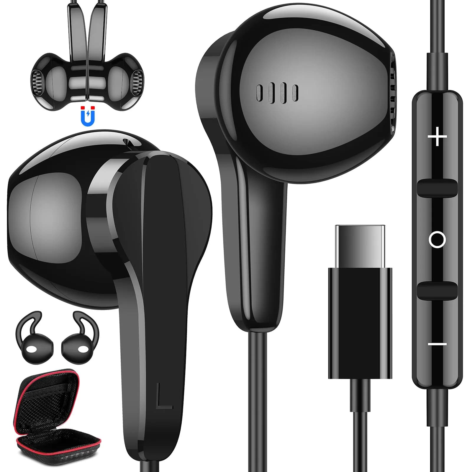 ASKUBSKU USB C Wired Headphones for Samsung & More | High Fidelity Stereo, Magnetic Neckband, 45° Semi In-Ear Design - main product image