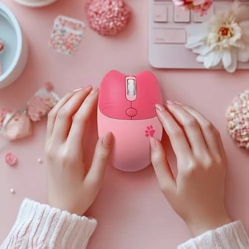 Lomiluskr Cute Cat Wireless Mouse Pink | Silent 2.4G Input Mouse for Girls & Kids thumbnail 2