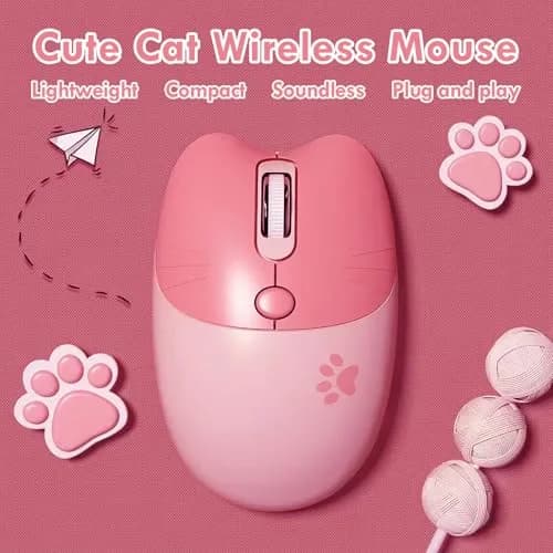 Lomiluskr Cute Cat Wireless Mouse Pink | Silent 2.4G Input Mouse for Girls & Kids thumbnail 3