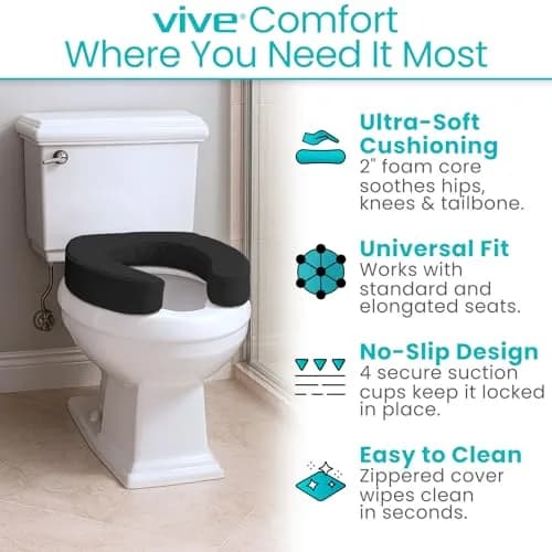 Vive Toilet Seat Cushion 2" Soft Foam | Relieves Pressure Points for Bathroom Mobility thumbnail 3