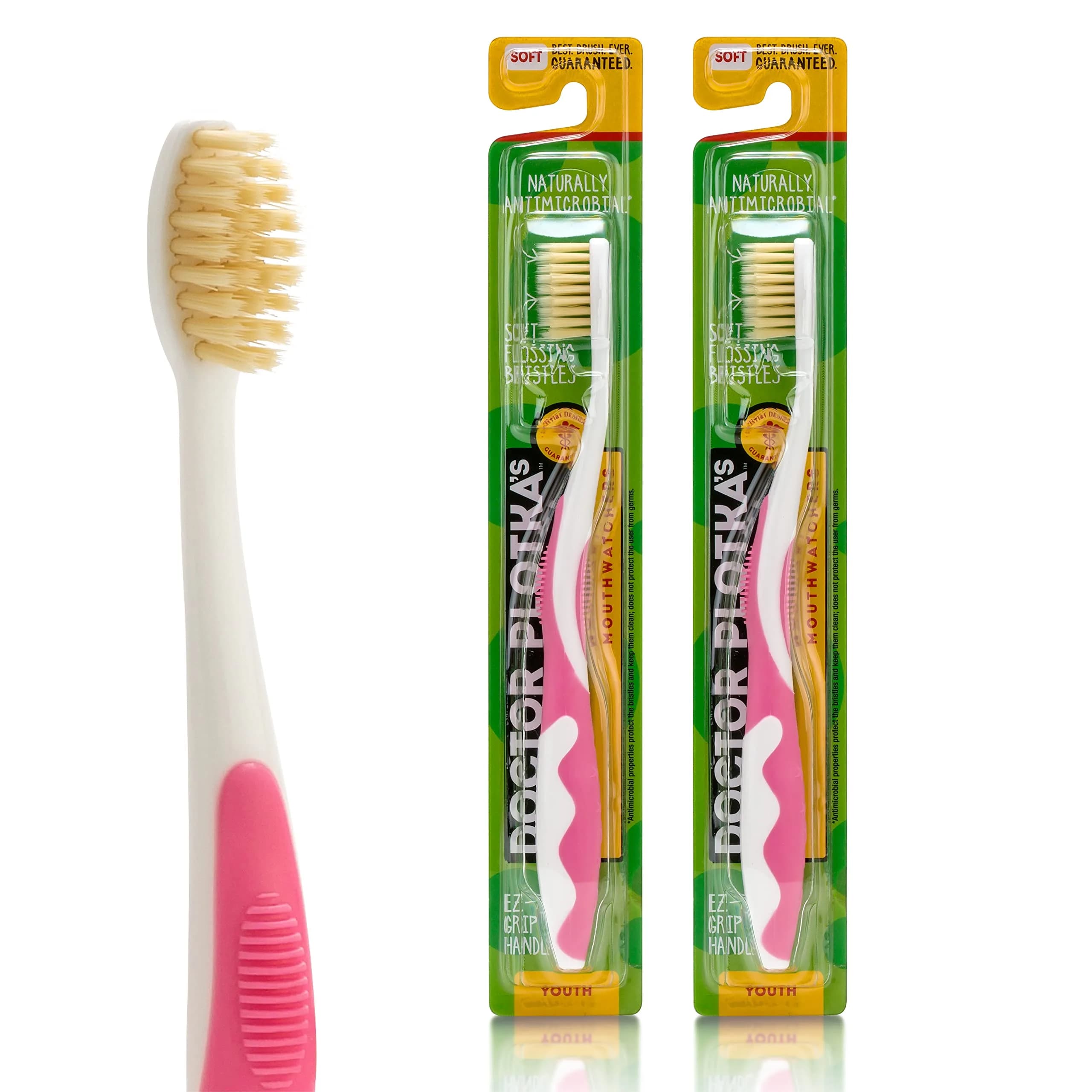 MOUTHWATCHERS Soft Flossing Toothbrush Kids 2-Pack Yellow and Blue | Dual-Layered Bristles for Deep Clean — Pink