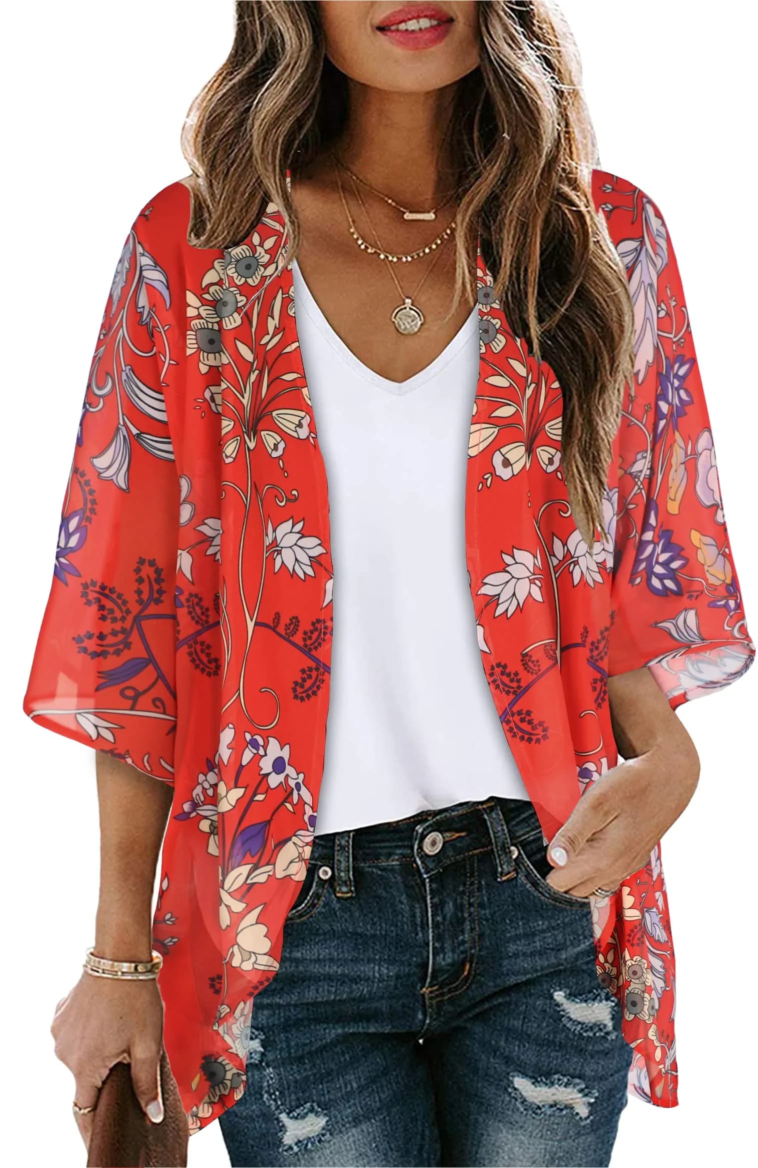 CHICGAL Women's Floral Kimono Cardigan Cover Up Casual Tops,Black Floral,M — Aa Boho Red / Large